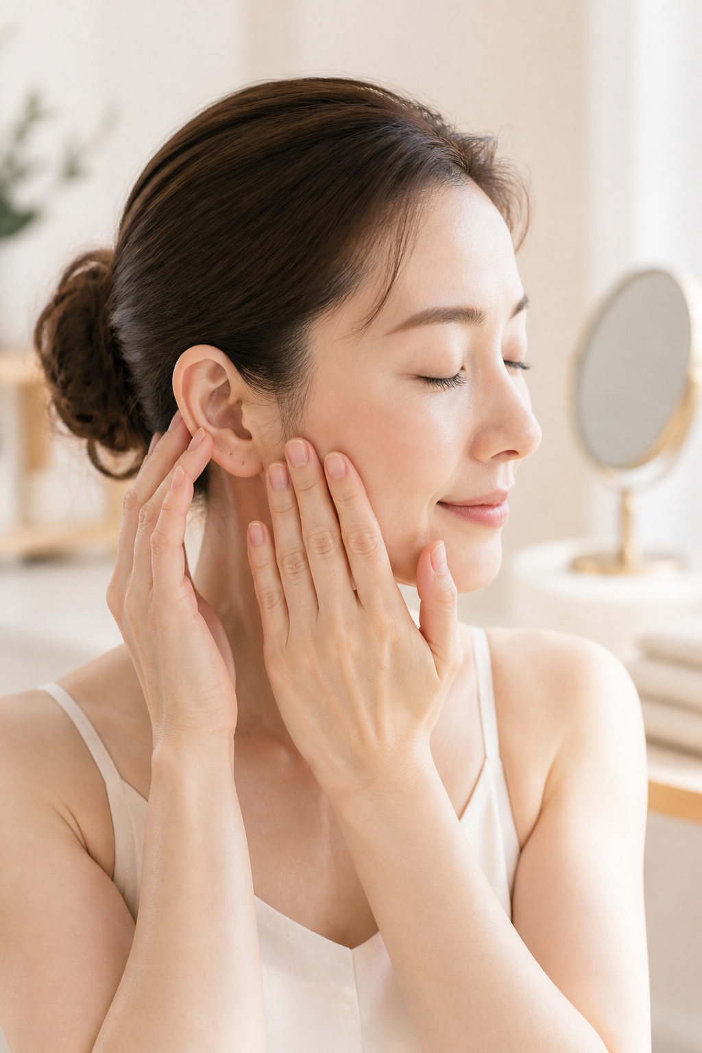 耳と頬にやさしく触れるセルフケアのイメージ