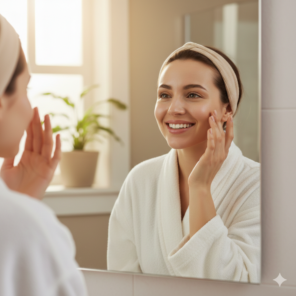 笑顔で鏡を見る女性