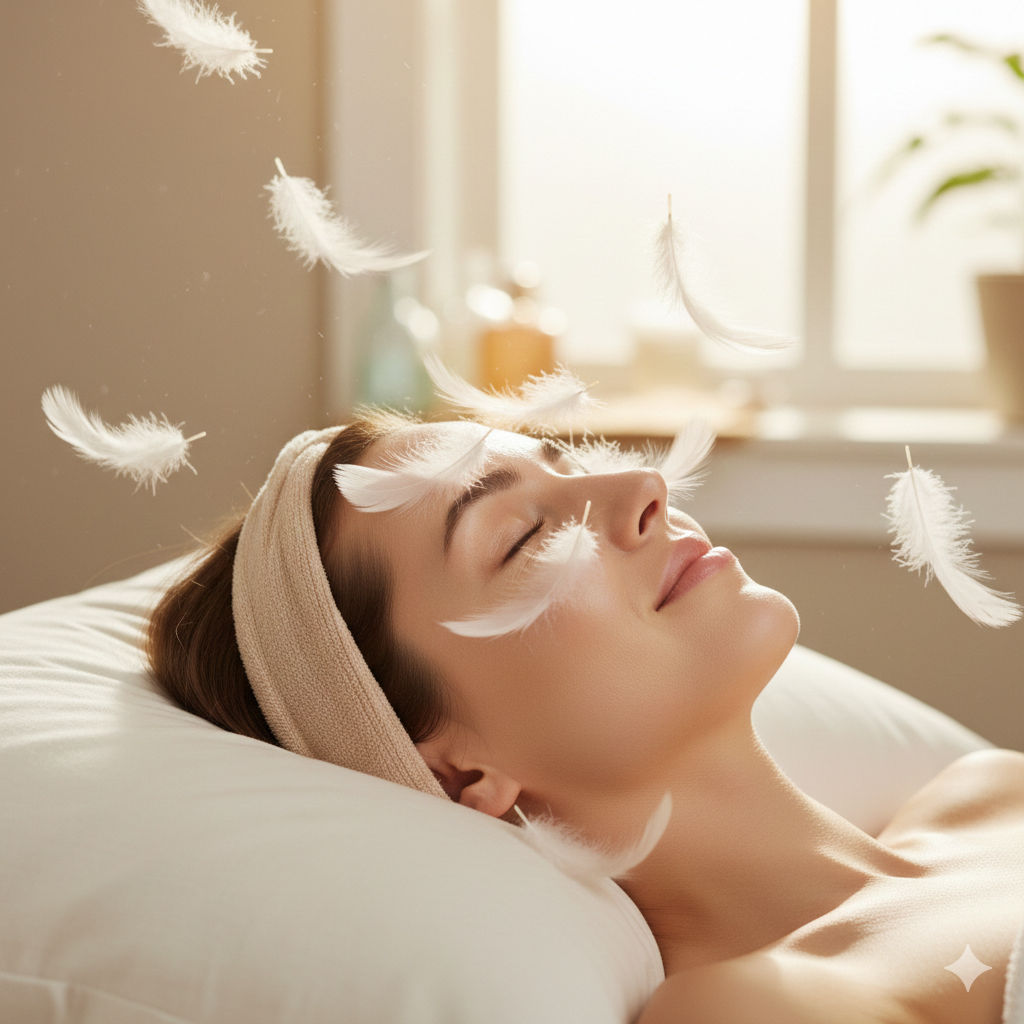 優しいタッチでセルフケアをする女性